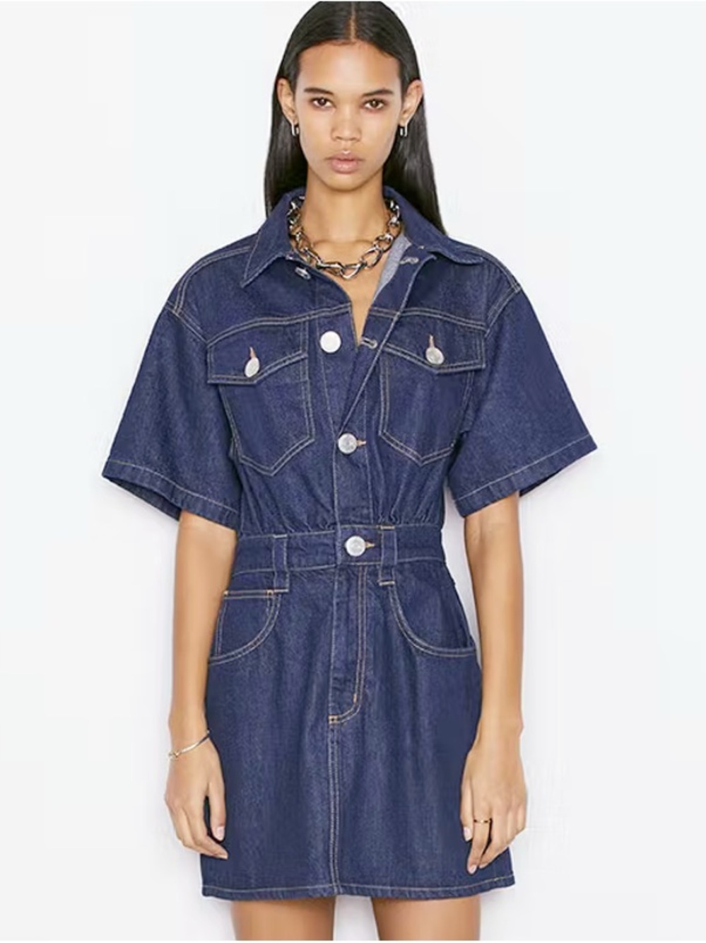 FRAME Women's Oversized Button Detail Denim Mini Dress Dark Rinse Wash Size M